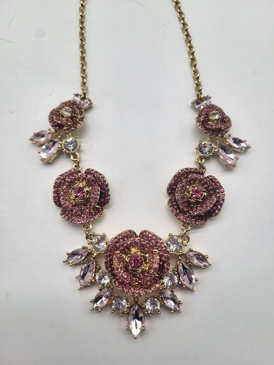 Betsey Johnson Jewelry - Betsey Johnson Pink Crystal Rhinestone Floral Rose Necklace Statement Gold Tone